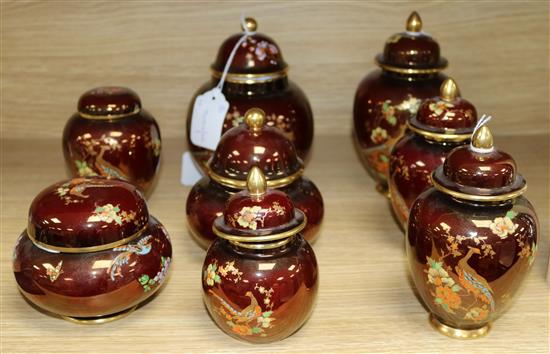Six Carlton Ware Rouge Royale pheasant-decorated jars and covers and two other small jars (8)